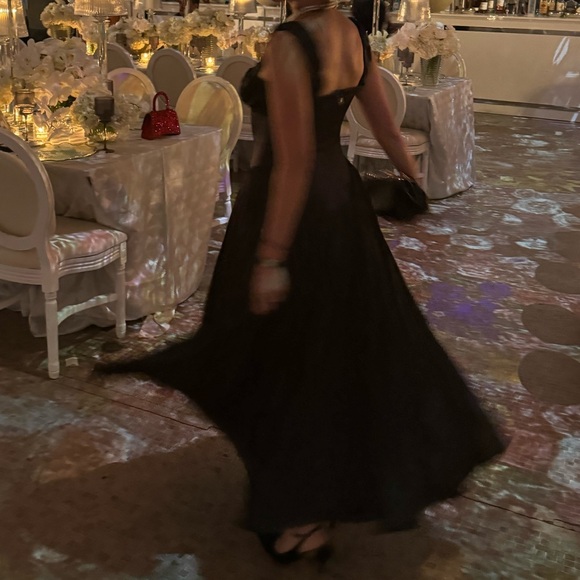 Black Satin Drop Waist Midi Dress - Picture 3 of 4